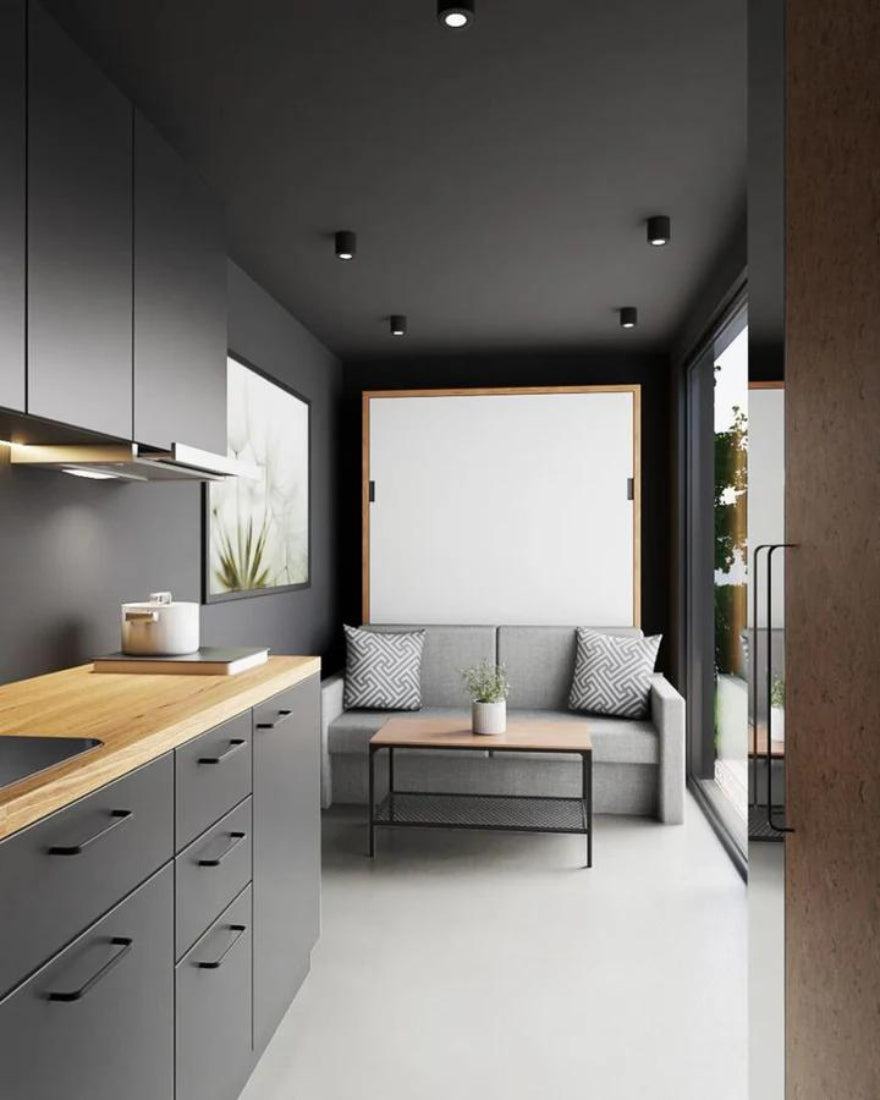 Módulo prefabricado L15 equipado – solución compacta con cocina, baño completo y climatización